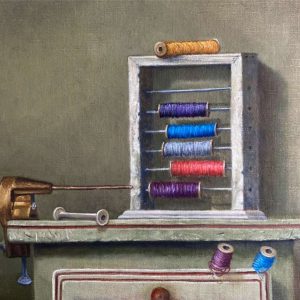 Winding Table – 12″ x 14″, oil on Linen, 2021 Weavers use bobbin winders for fibers to place in shuttles.